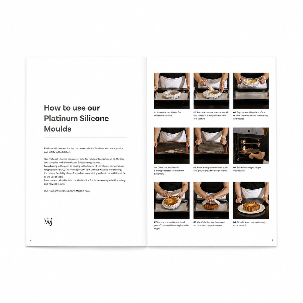 An open printed Silikomart recipe book showing instructions for using platinum silicone moulds. The left page has the heading 'How to use our Platinum Silicone Moulds' with a short paragraph of text, and the right page contains a grid of small photos with step-by-step visual instructions.