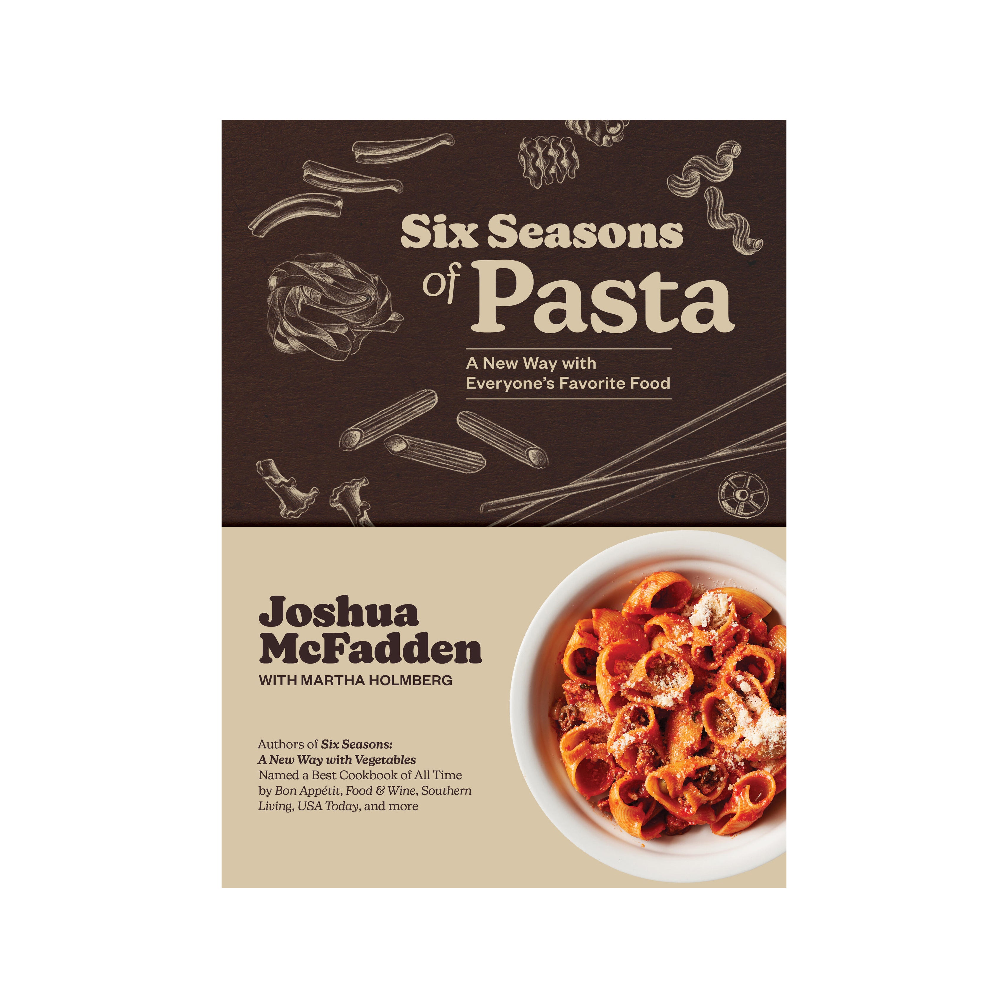Book cover of 'Six Seasons of Pasta' by Joshua McFadden with illustrations of pasta and a bowl of pasta.