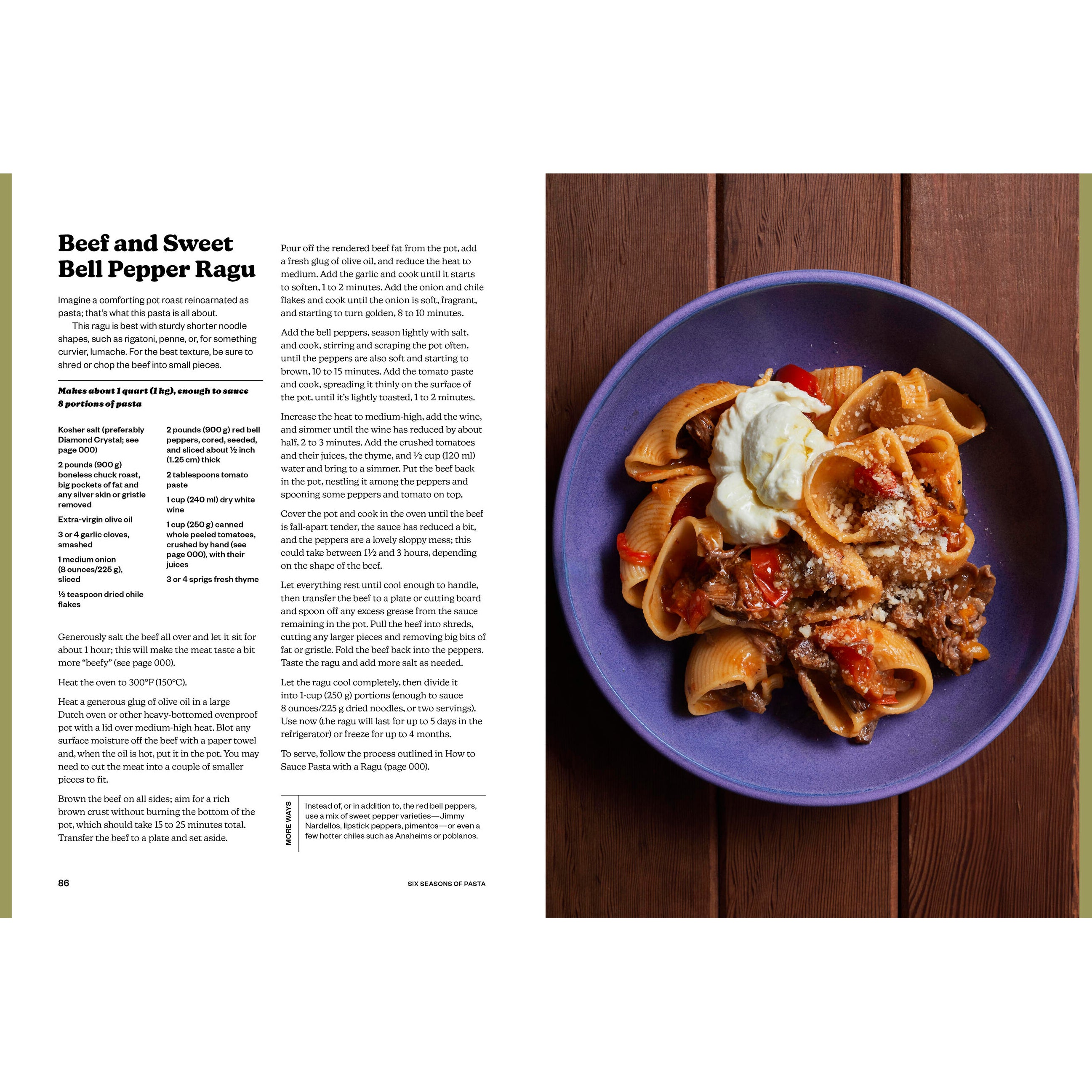 Bowl of pasta with beef and sweet bell pepper ragu on a wooden table, next to a recipe text.