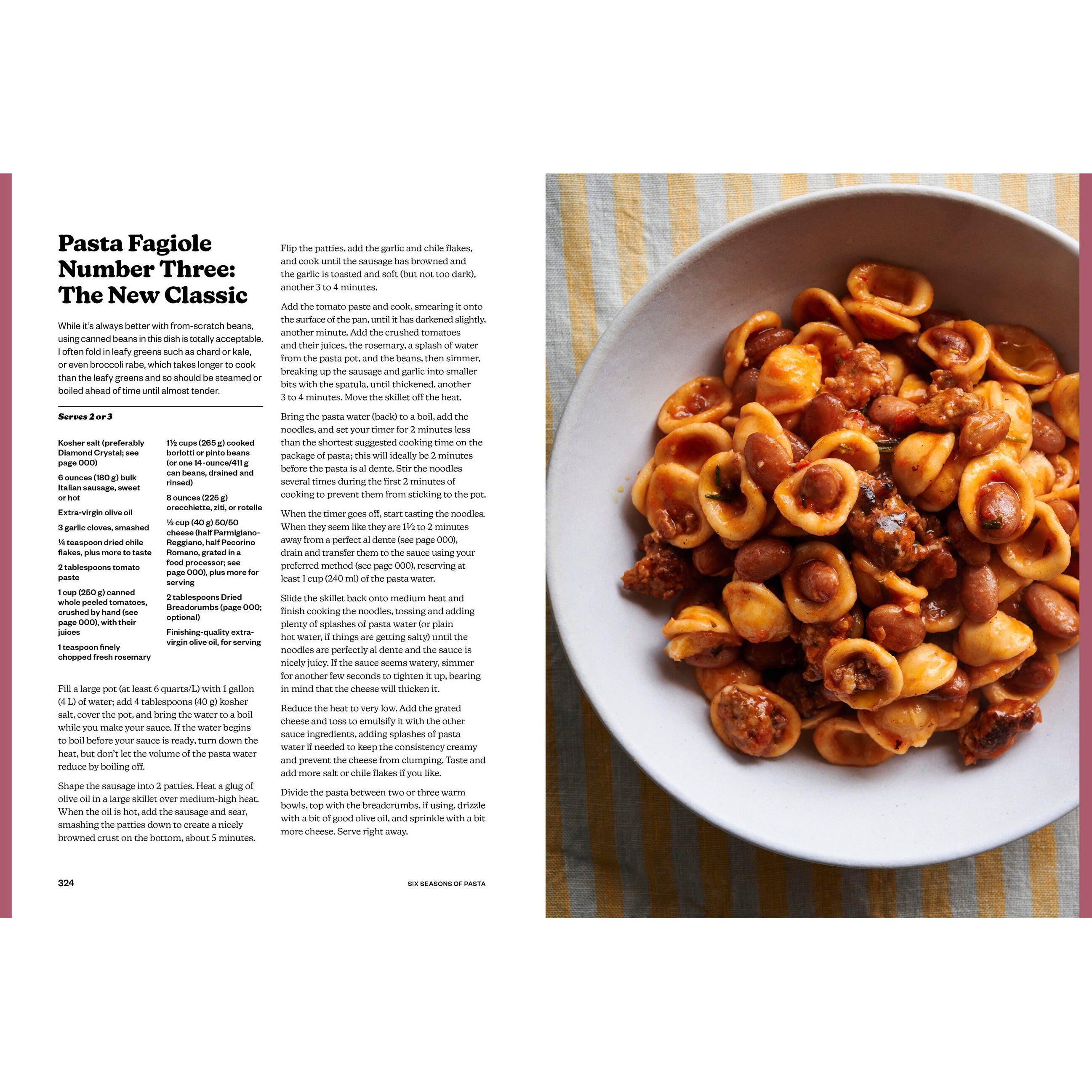 Pasta dish in a bowl with text on the left side