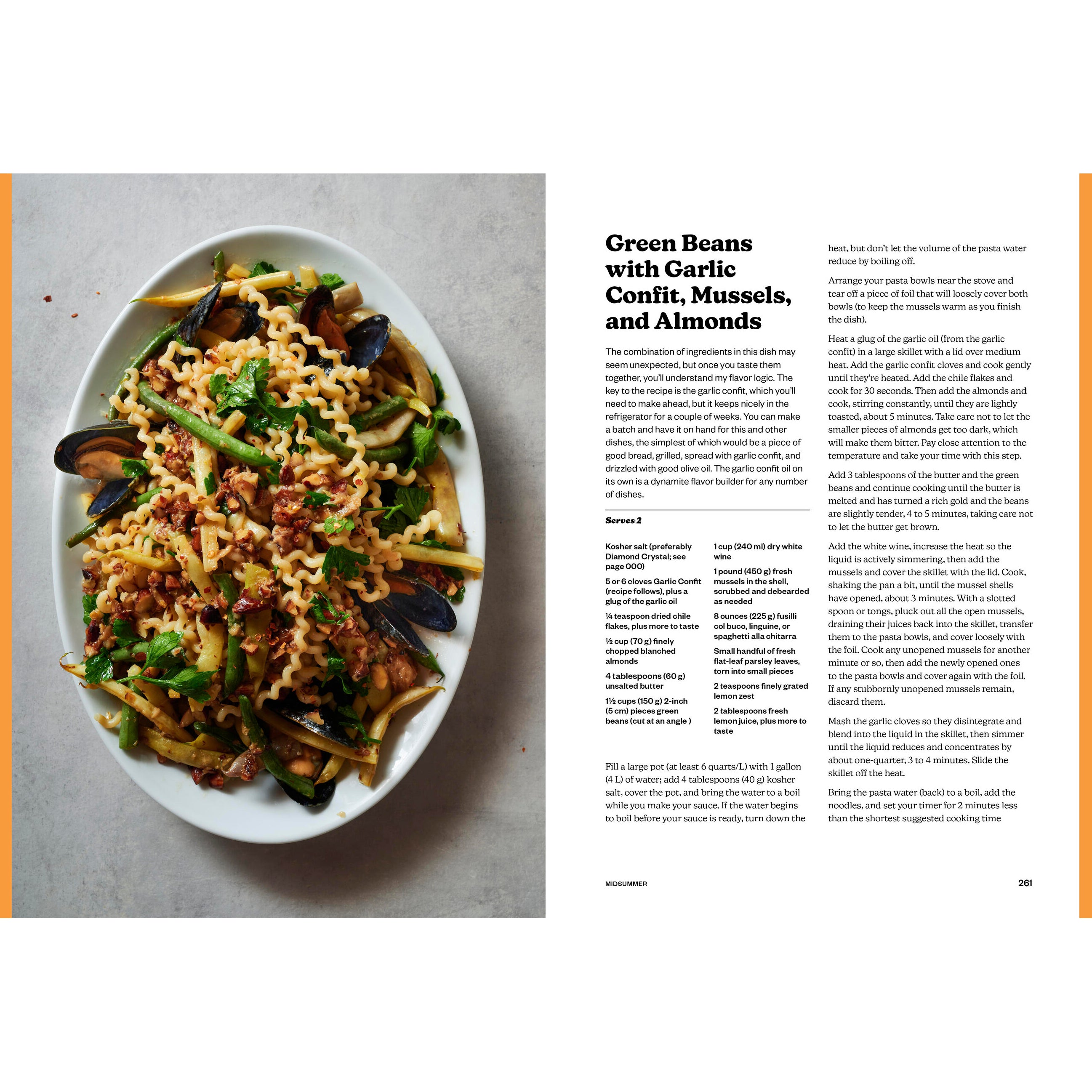 Plate of pasta with green beans, mussels, and almonds on a gray surface with text on the right.