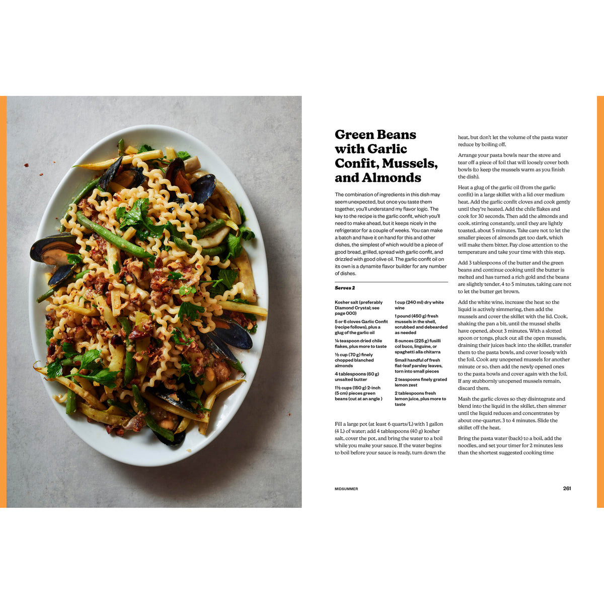 Plate of pasta with green beans, mussels, and almonds on a gray surface with text on the right.