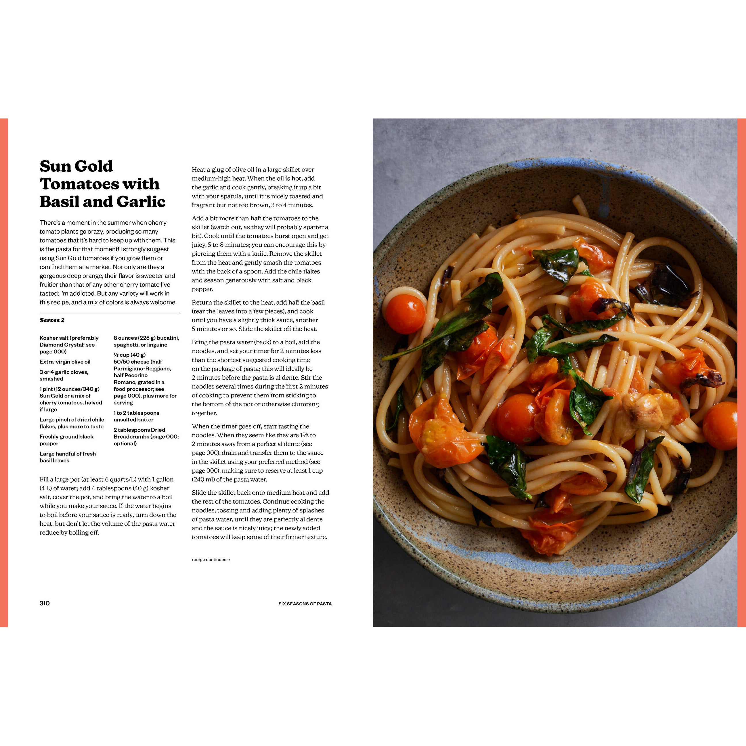 Spaghetti dish with sun-ripened tomatoes, basil, and garlic on a plate with recipe text on the side.