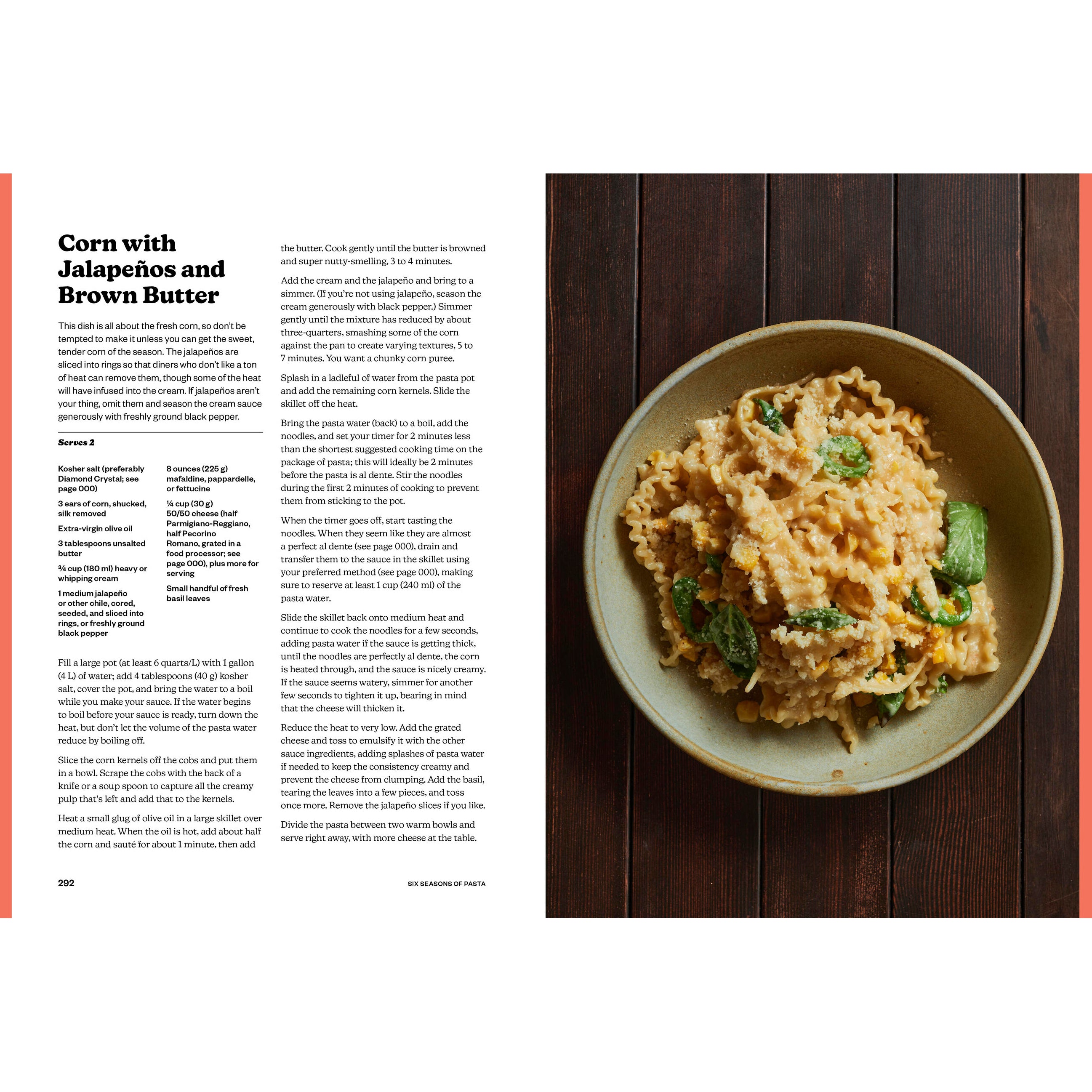 Bowl of corn with jalapeños and brown butter on a wooden surface, next to text on a white background.