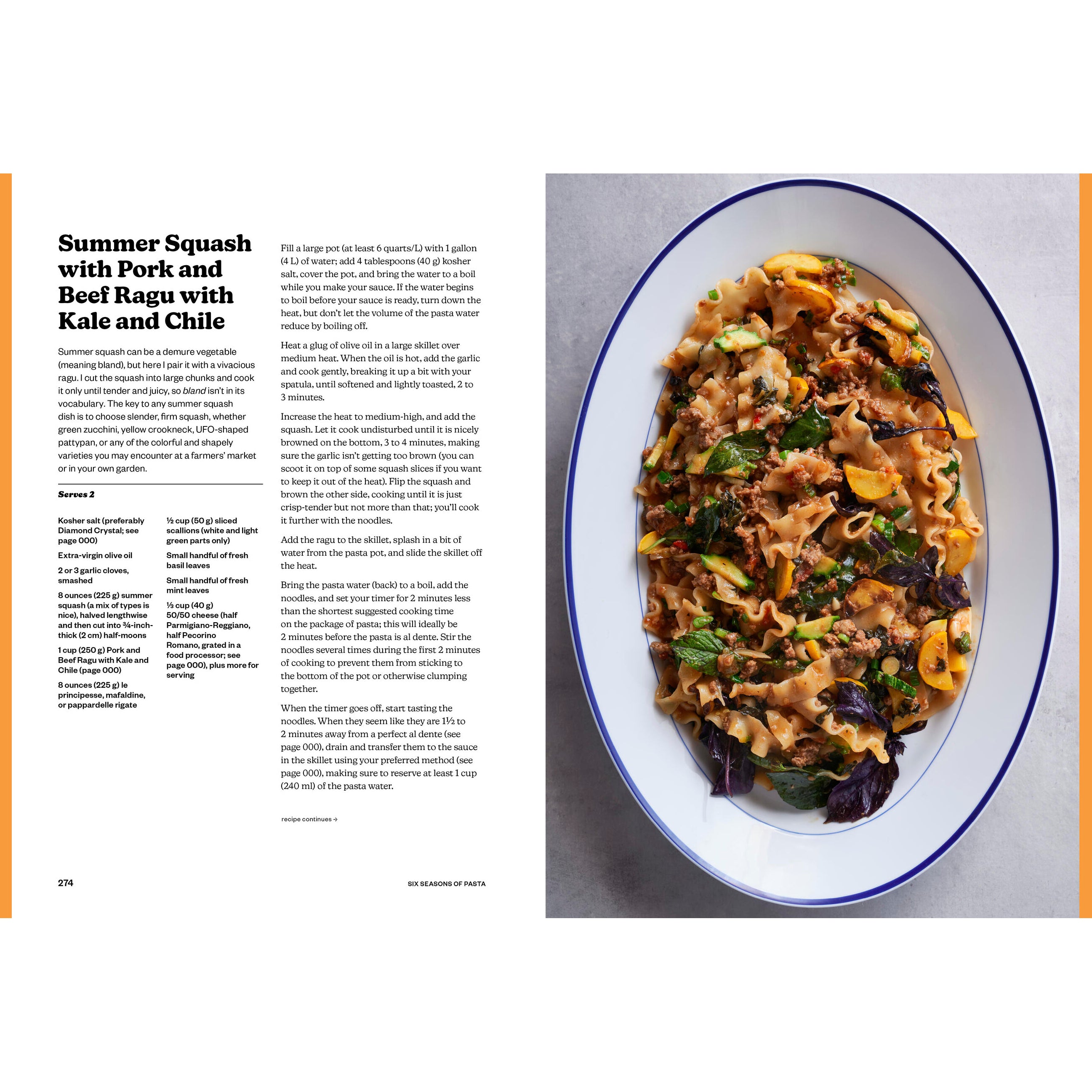 Recipe for Summer Squash with Pork and Beef Ragu on a plate with text on the left