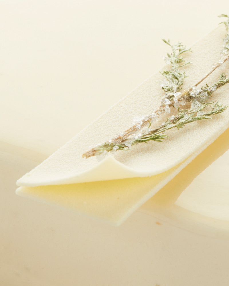 Close-up of a wedge of pastry component with herbs on a light background