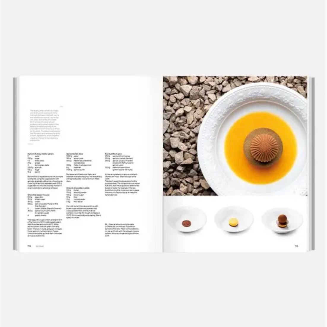 Page from a cookbook showing a dessert with a yellow center and brown top on a white plate, placed on a stone surface.