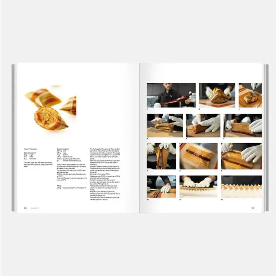 Baking book with recipe and step-by-step photos on a white background