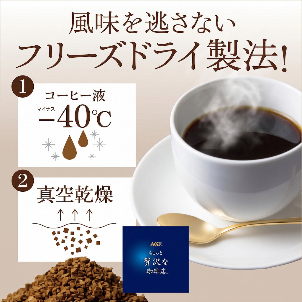 Promotional graphic for freeze-dried coffee powder, showing a white cup of brewed coffee on a saucer with a spoon, a pile of brown powder, and Japanese text explaining a -40°C liquid coffee method and vacuum drying process.
