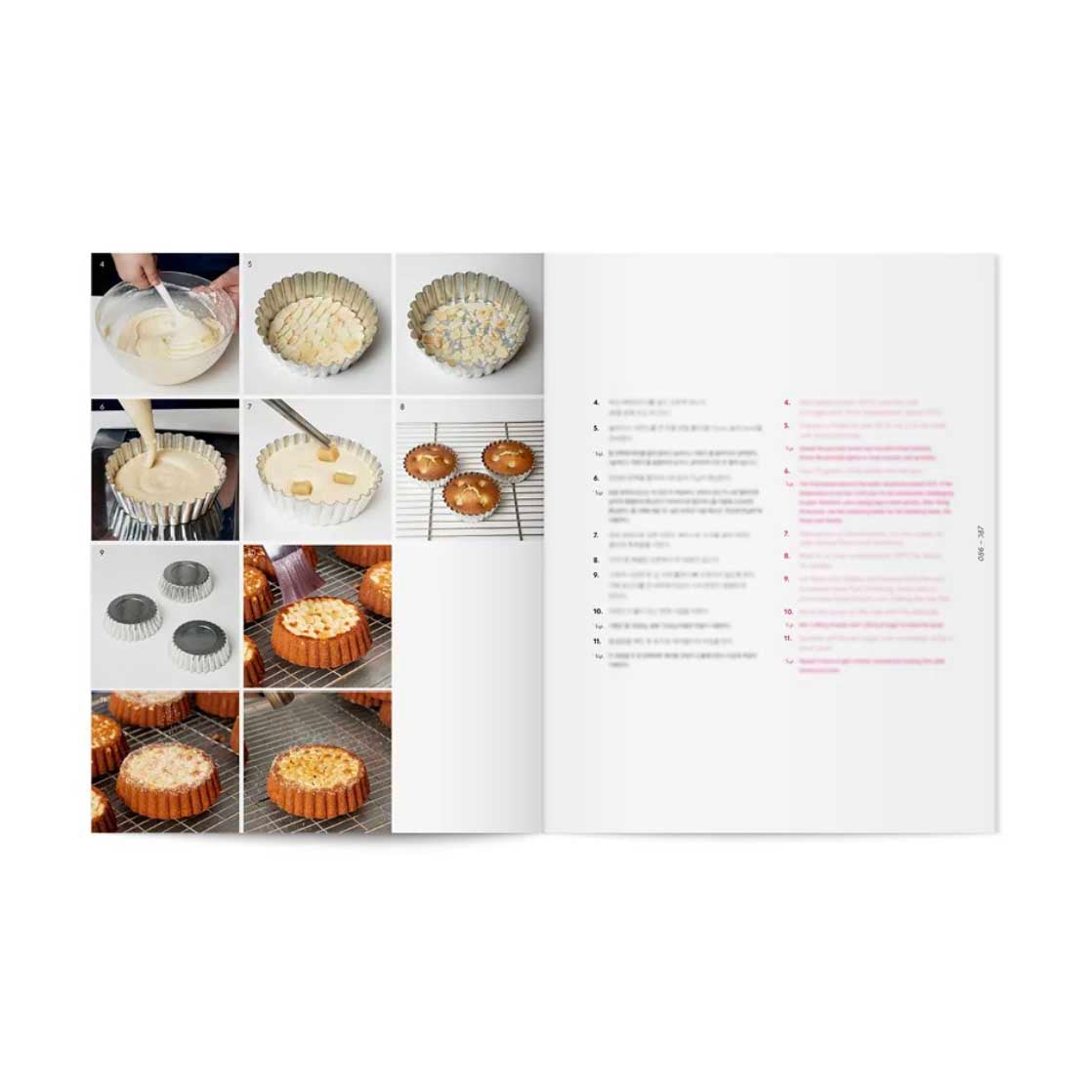 Open cookbook showing step-by-step baking process and ingredients list.