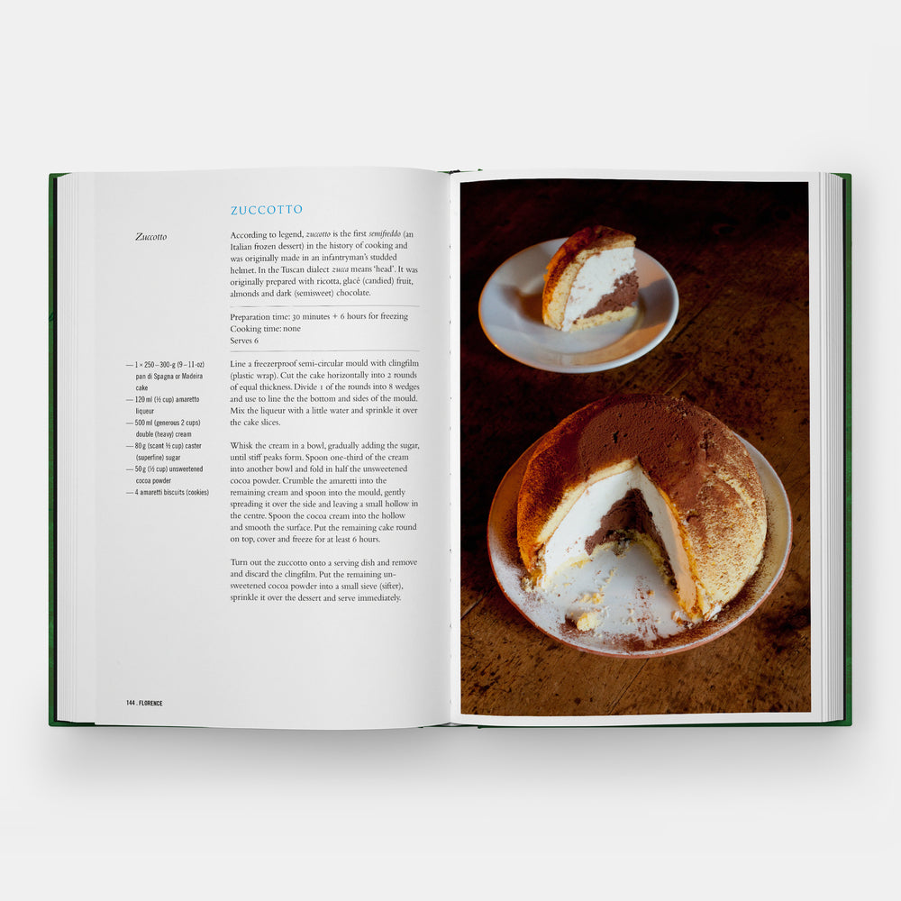Open book showing a recipe for Zuccotto with images of the dessert on a white background