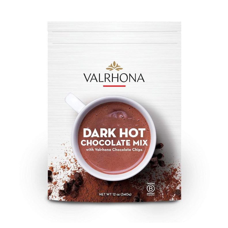 Valrhona dark hot chocolate mix packaging on a white background