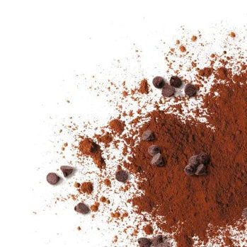 Valrhona Hot Chocolate Mix with chocolate chips on a white background