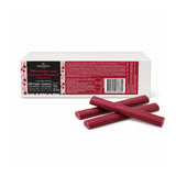 A box of Valrhona Raspberry Inspiration Chocolate Batons, with three dark red wax sticks displayed in front on a clean white background.
