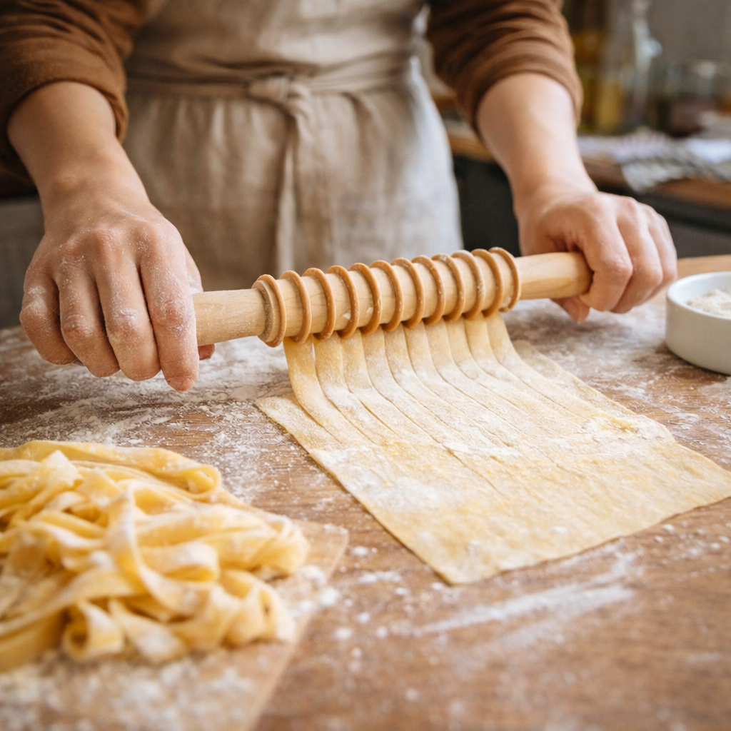Person making pasta by rolling dough with a wooden Pappardelle roller on a wooden surface.