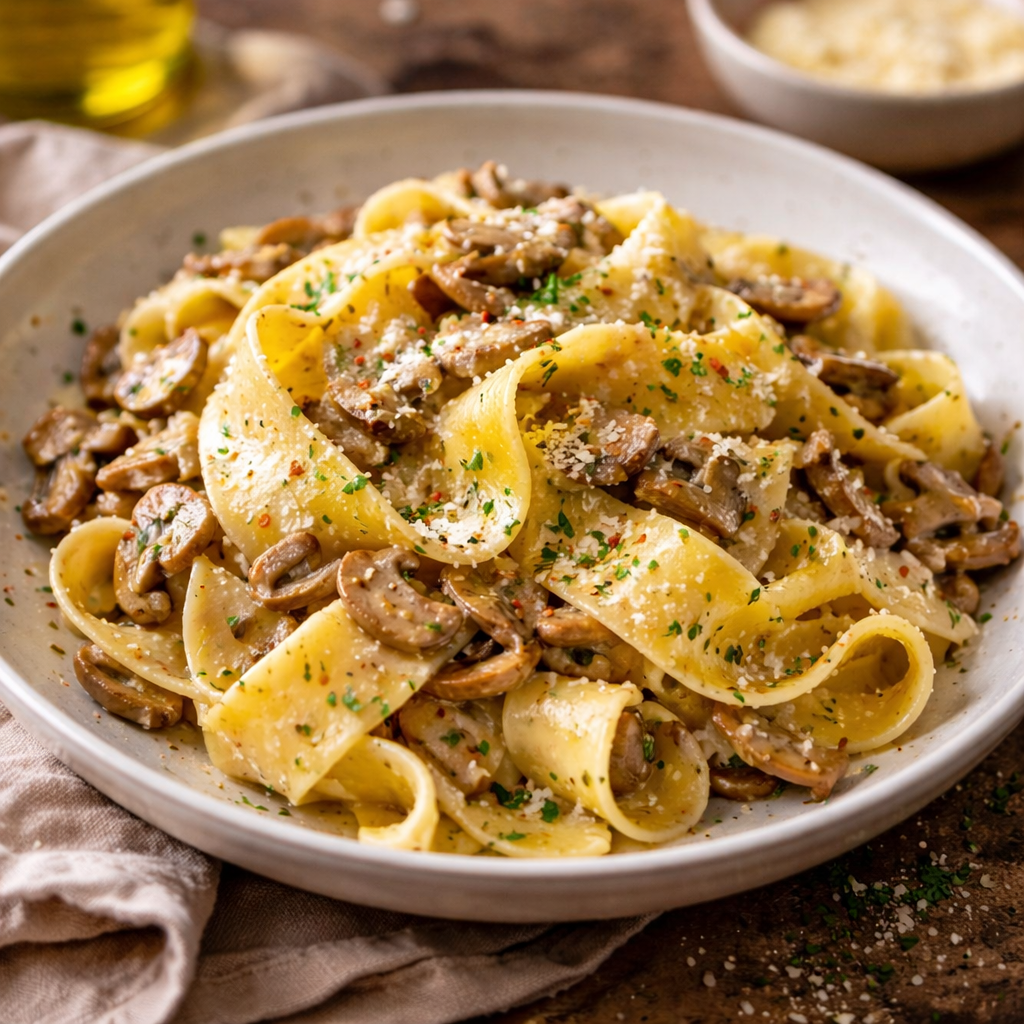 Pappardelle pasta dish with mushrooms and herbs in a white bowl on a wooden surface.