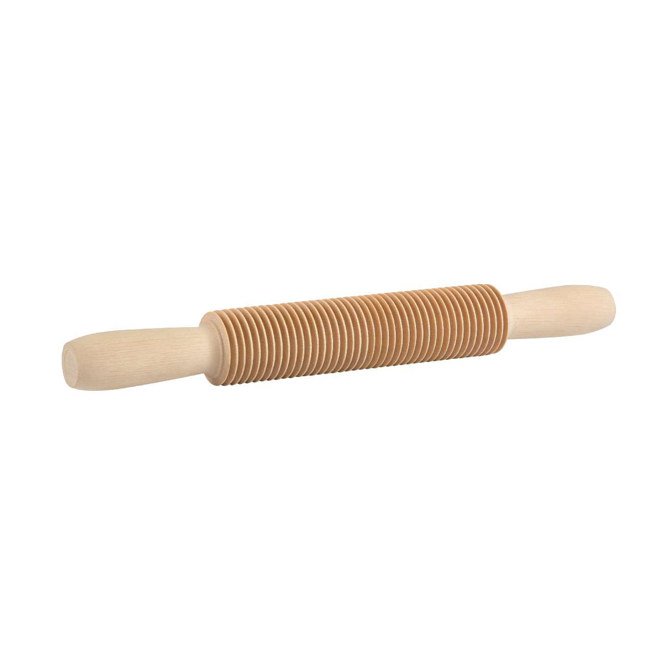 Wooden spaghetti rolling pin with cutter on a white background