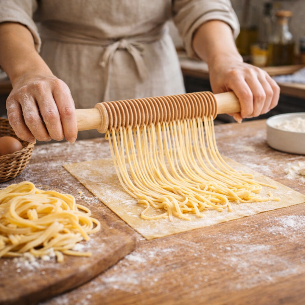 Person rolling out spaghetti pasta with a wooden rolling pin on a wooden table.