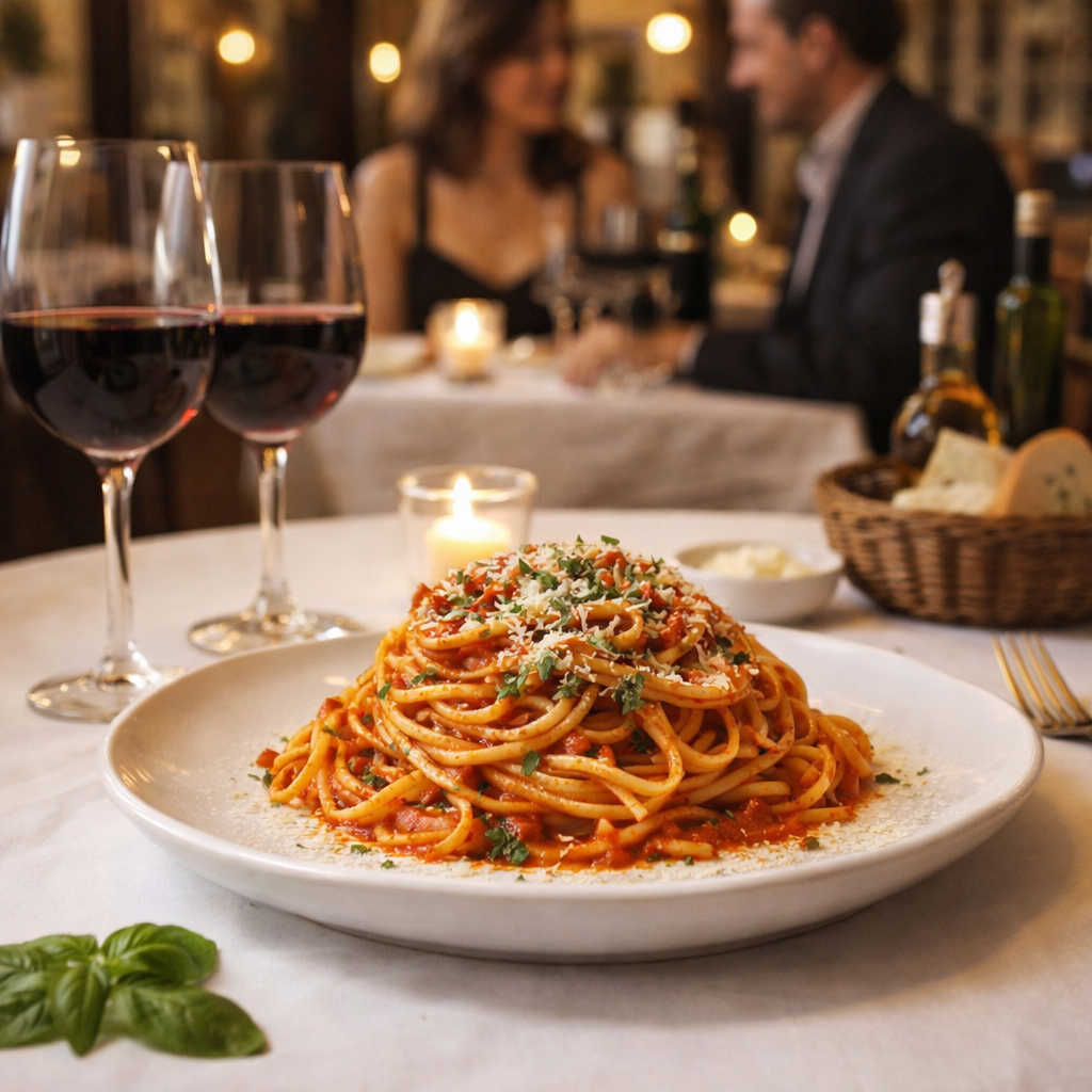 Platter of spaghetti with a couple in the background at a restaurant.