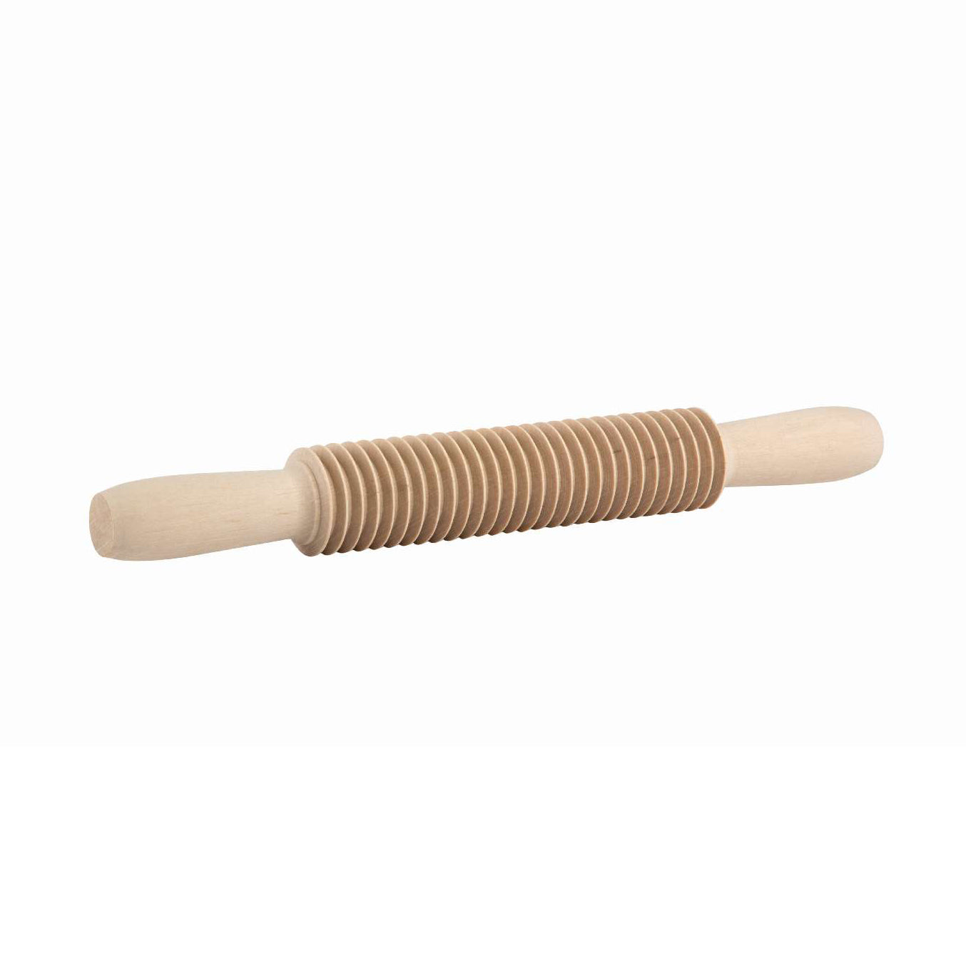 Wooden Tagliatelle rolling pin with cutter design on a white background