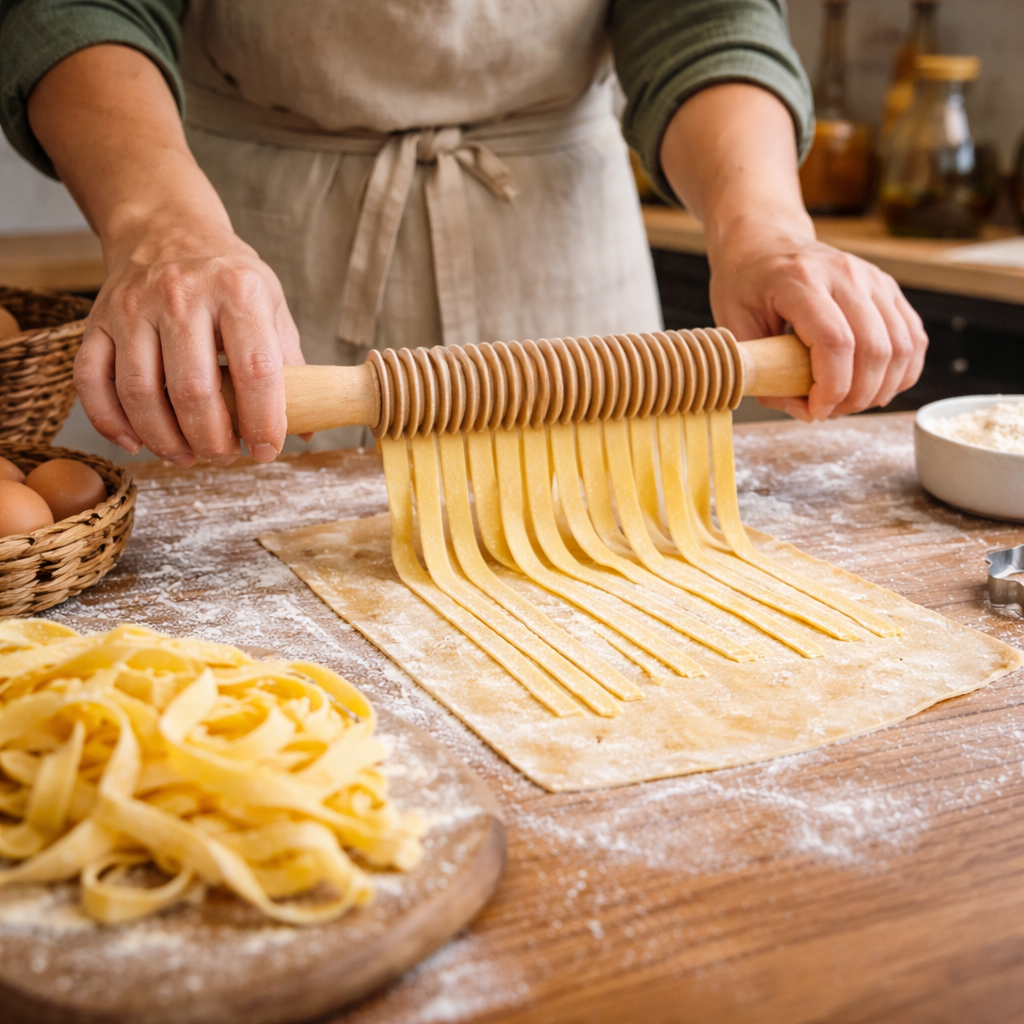 Person making Tagliatelle pasta by rolling dough with a wooden roller on a wooden surface.