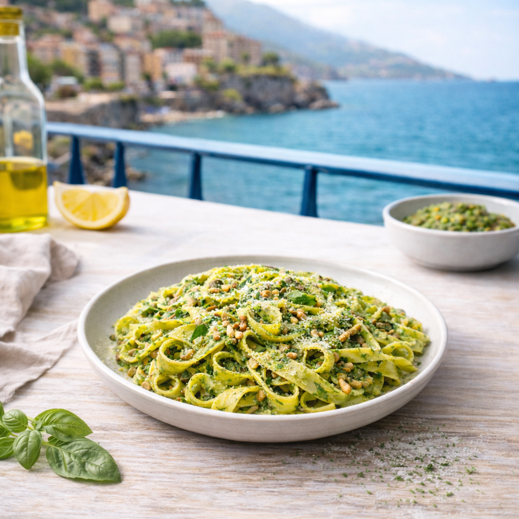 Tagliatelle pasta dish with pesto on a table with a scenic background