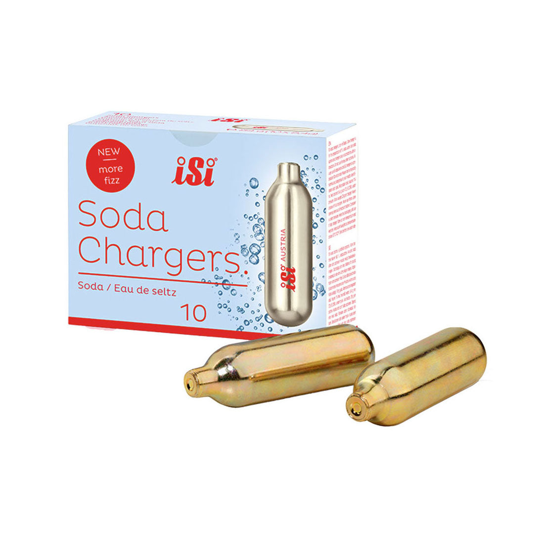 A box of iSi Soda Chargers carbonated drink mix with two gold-colored CO2 cartridges displayed in front on a white background.
