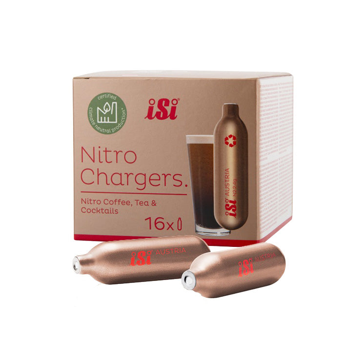 A box of iSi Nitro Chargers alongside two metallic copper-colored nitro cartridges on a clean white background.