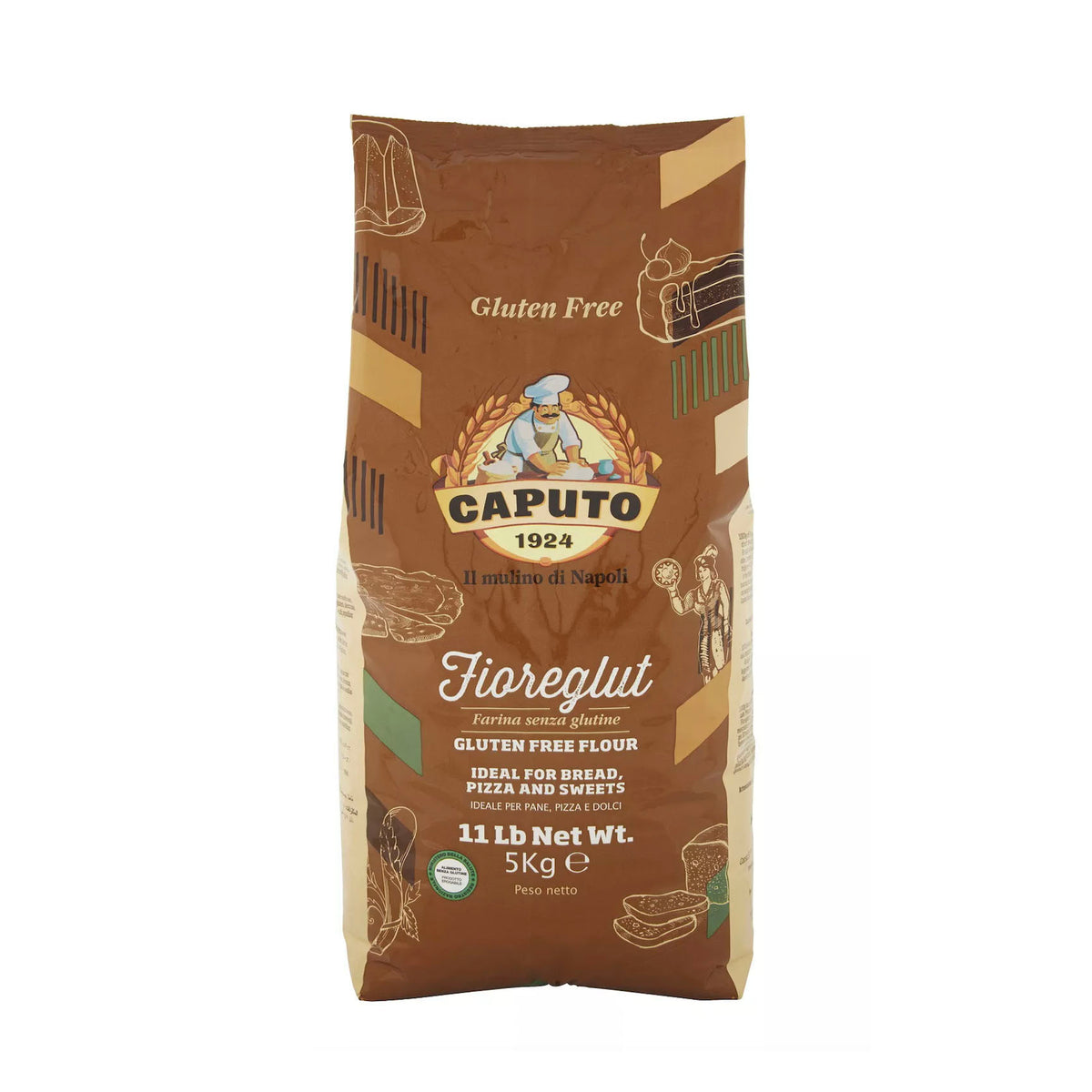 A 5 kg package of Caputo Fioreglut Gluten Free Flour with a brown color theme, featuring the Caputo logo and product information.