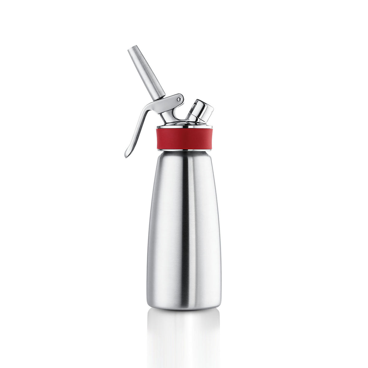 A stainless steel iSi Gourmet NSF Whipping Siphon 0.5L with a red band and a silver spout and nozzle.