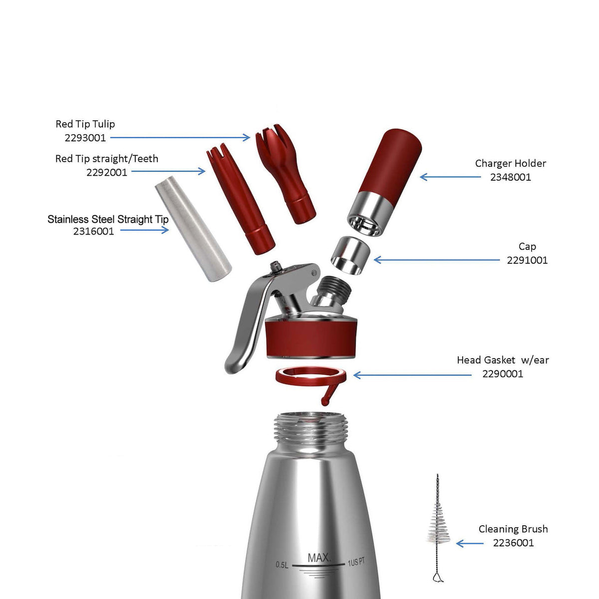 Components of isi Gourmet NSF Whipping Siphone 0.5L